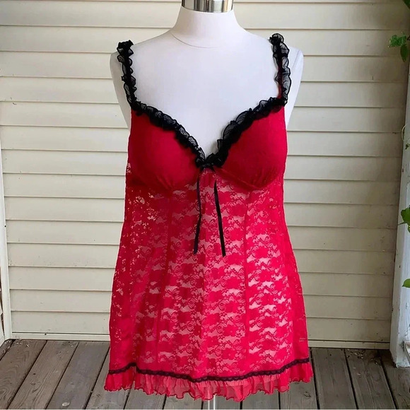 Linea Donatella Babydoll Lingerie Top Size XL Red Black Lace Witchy Fairy Grunge - Picture 1 of 7